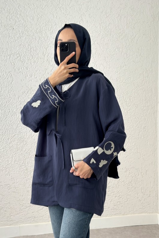 Kolu Nakışlı Kimono 2216 - LACİVERT