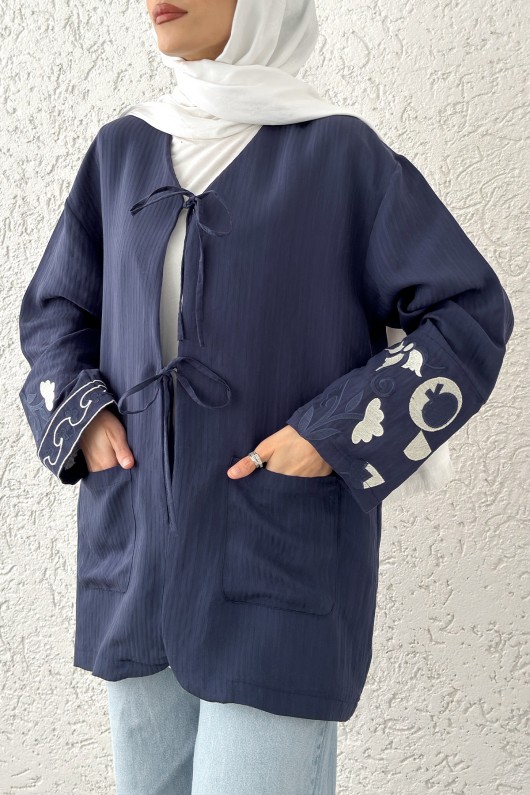 Kolu Nakışlı Kimono 2216 - LACİVERT