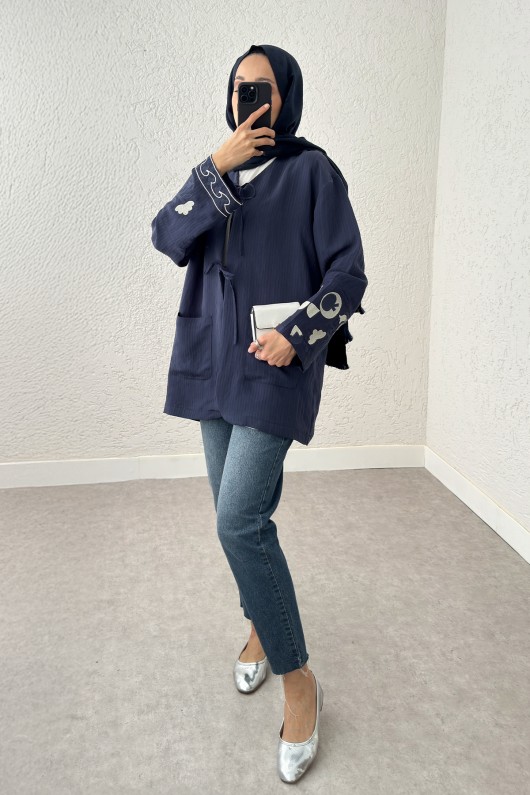 Kolu Nakışlı Kimono 2216 - LACİVERT