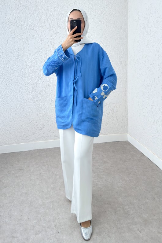 Kolu Nakışlı Kimono 2216 - MAVİ