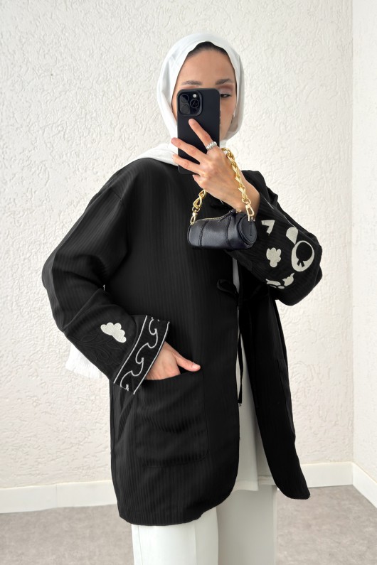 Kolu Nakışlı Kimono 2216 - SİYAH