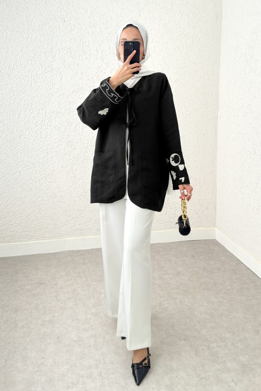 Kolu Nakışlı Kimono 2216 - SİYAH