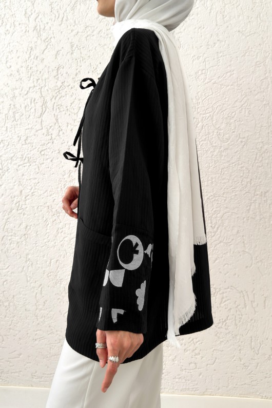 Kolu Nakışlı Kimono 2216 - SİYAH