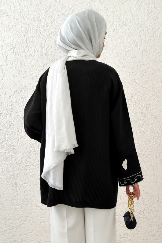 Kolu Nakışlı Kimono 2216 - SİYAH