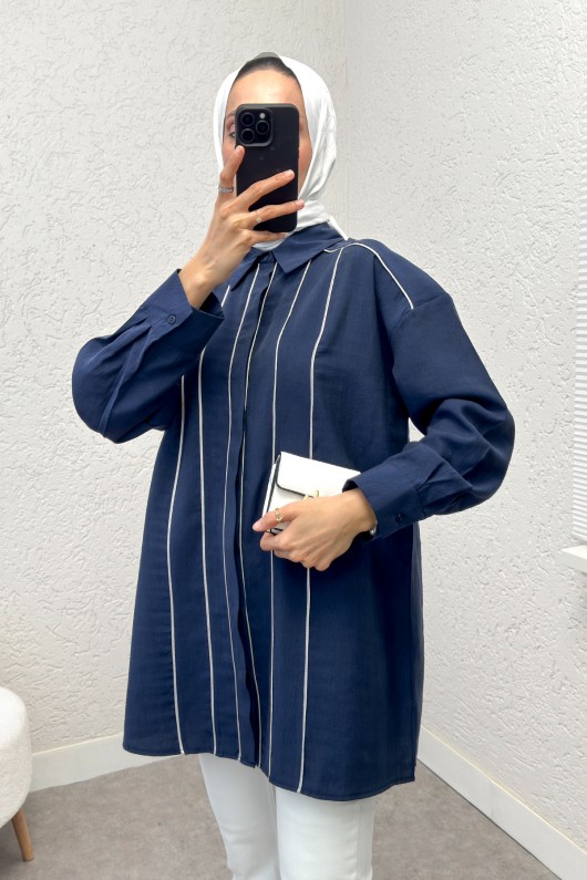 Ara Biyeli Tesettür Gömlek 2219 - LACİVERT Ara Biyeli Tesettür Gömlek 2219 - LACİVERT