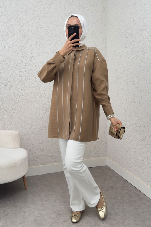 Ara Biyeli Tesettür Gömlek 2219 - VİZON Ara Biyeli Tesettür Gömlek 2219 - VİZON