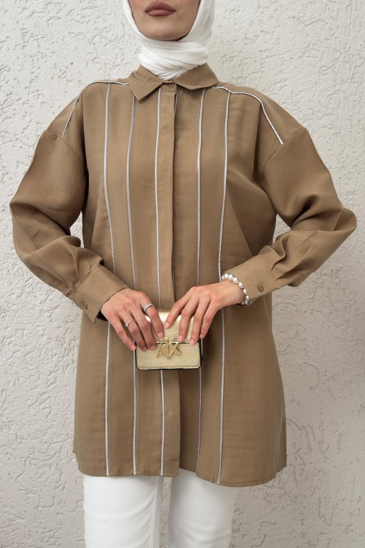 Ara Biyeli Tesettür Gömlek 2219 - VİZON Ara Biyeli Tesettür Gömlek 2219 - VİZON