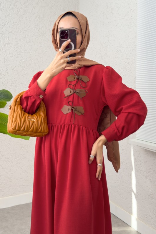 Önü Deri Detaylı Elbise 2221 - KIRMIZI