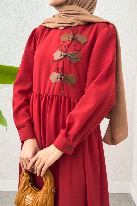 Önü Deri Detaylı Elbise 2221 - KIRMIZI