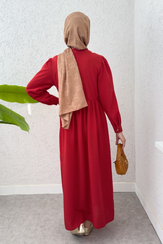 Önü Deri Detaylı Elbise 2221 - KIRMIZI