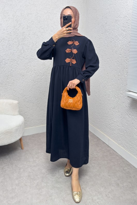 Önü Deri Detaylı Elbise 2221 - LACİVERT