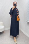 Önü Deri Detaylı Elbise 2221 - LACİVERT