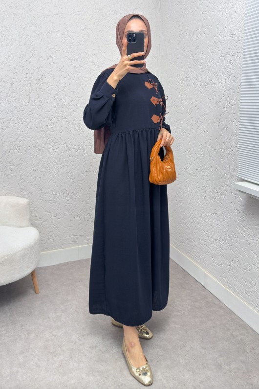 Önü Deri Detaylı Elbise 2221 - LACİVERT