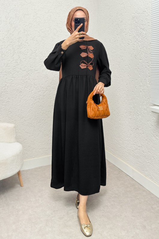 Önü Deri Detaylı Elbise 2221 - SİYAH Önü Deri Detaylı Elbise 2221 - SİYAH