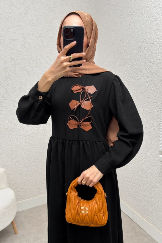 Önü Deri Detaylı Elbise 2221 - SİYAH Önü Deri Detaylı Elbise 2221 - SİYAH