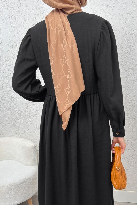 Önü Deri Detaylı Elbise 2221 - SİYAH Önü Deri Detaylı Elbise 2221 - SİYAH