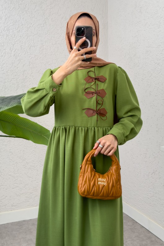 Önü Deri Detaylı Elbise 2221 - YEŞİL