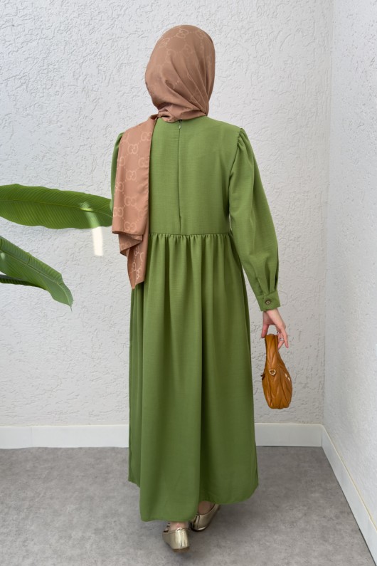 Önü Deri Detaylı Elbise 2221 - YEŞİL