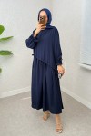 Çapraz Büzgülü Tesettür Elbise 2222 - LACİVERT