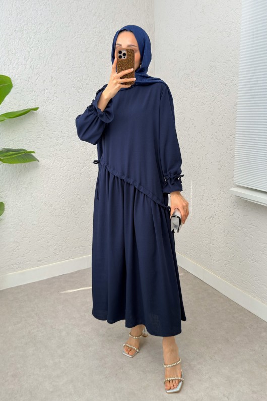 Çapraz Büzgülü Tesettür Elbise 2222 - LACİVERT