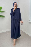 Çapraz Büzgülü Tesettür Elbise 2222 - LACİVERT