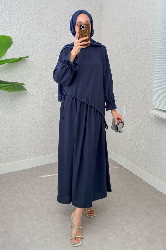Çapraz Büzgülü Tesettür Elbise 2222 - LACİVERT