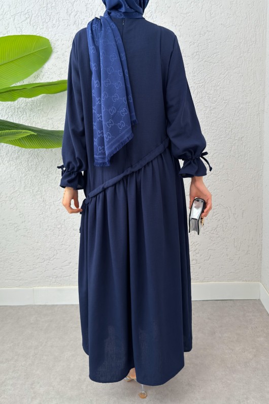 Çapraz Büzgülü Tesettür Elbise 2222 - LACİVERT