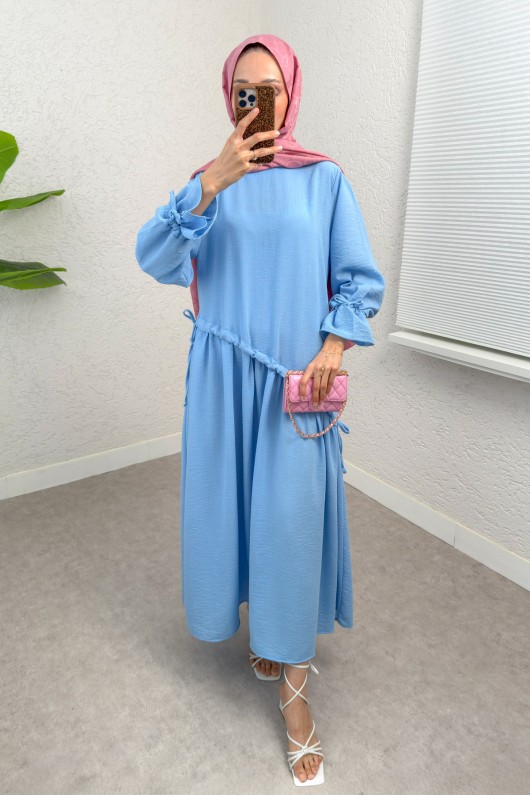 Çapraz Büzgülü Tesettür Elbise 2222 - BEBE MAVİSİ