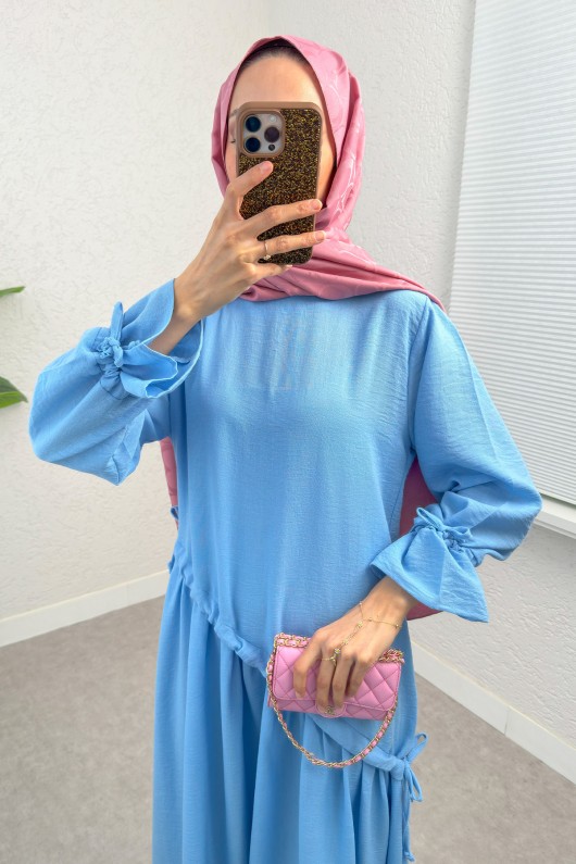 Çapraz Büzgülü Tesettür Elbise 2222 - BEBE MAVİSİ