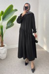 Çapraz Büzgülü Tesettür Elbise 2222 - SİYAH
