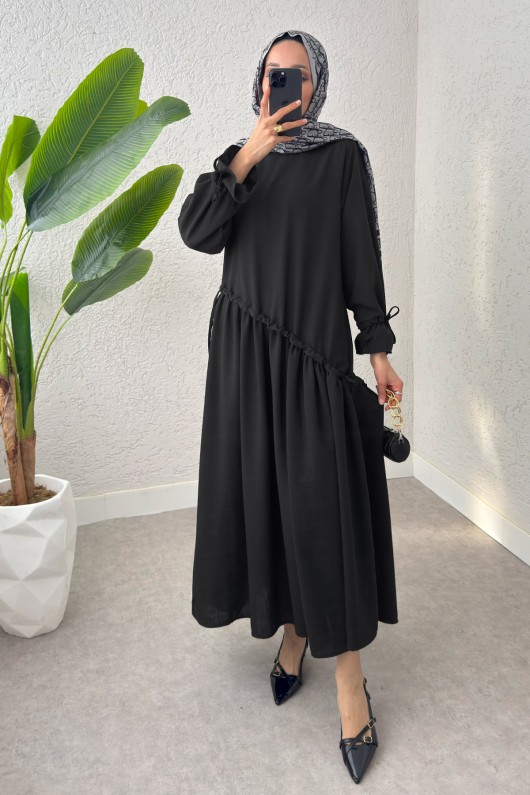 Çapraz Büzgülü Tesettür Elbise 2222 - SİYAH