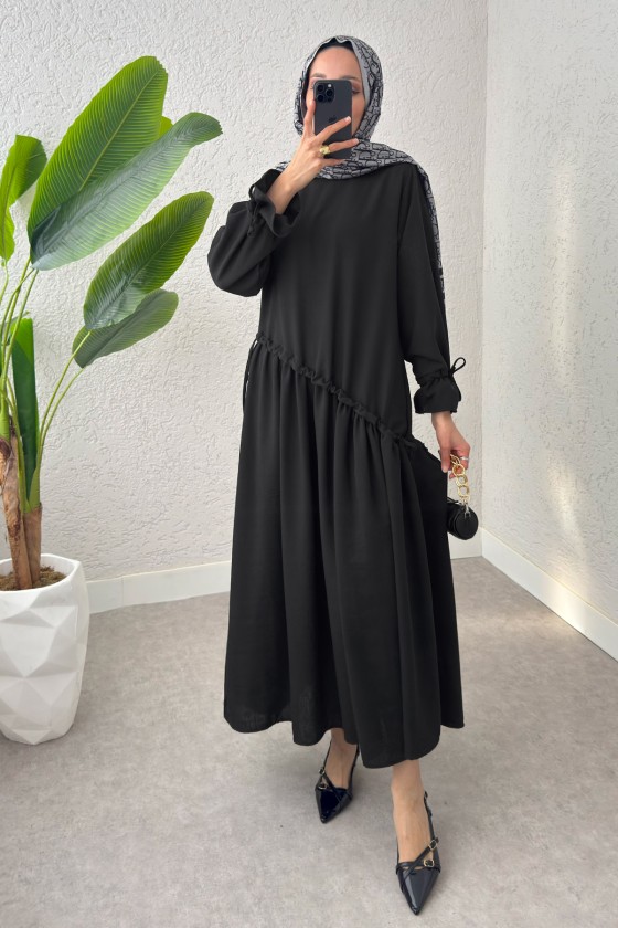 Çapraz Büzgülü Tesettür Elbise 2222 - SİYAH