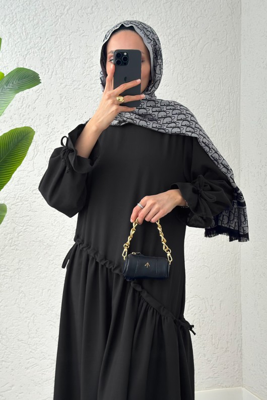 Çapraz Büzgülü Tesettür Elbise 2222 - SİYAH