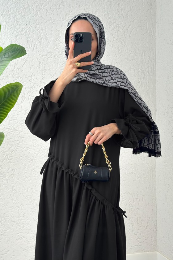 Çapraz Büzgülü Tesettür Elbise 2222 - SİYAH