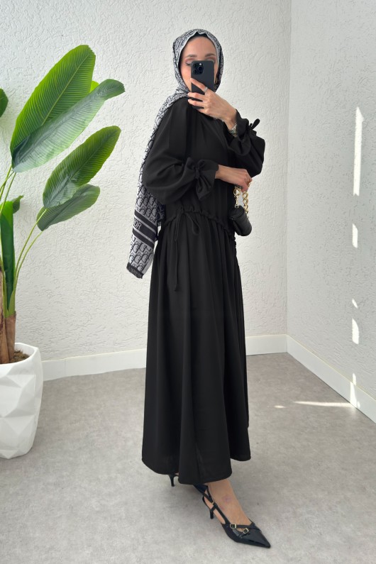 Çapraz Büzgülü Tesettür Elbise 2222 - SİYAH