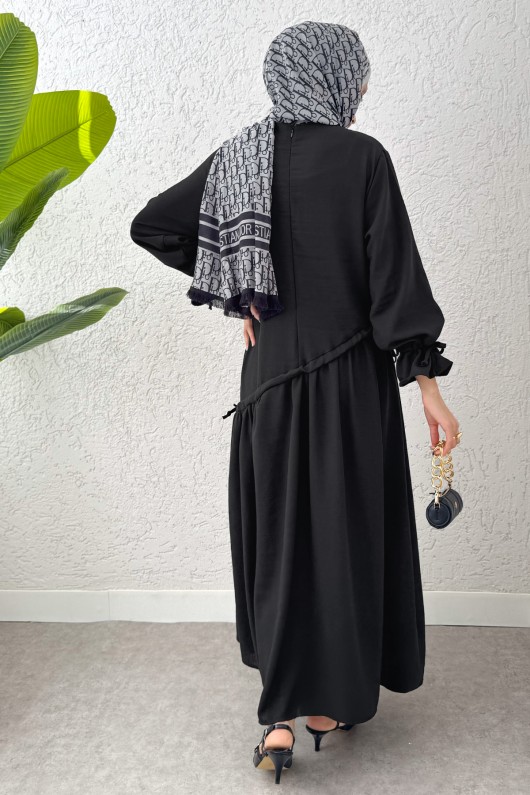 Çapraz Büzgülü Tesettür Elbise 2222 - SİYAH