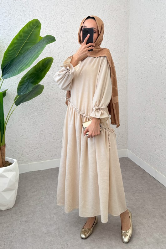 Çapraz Büzgülü Tesettür Elbise 2222 - TAŞ RENGİ