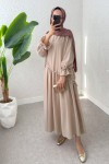 Çapraz Büzgülü Tesettür Elbise 2222 - BEJ