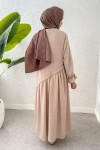 Çapraz Büzgülü Tesettür Elbise 2222 - BEJ