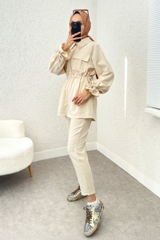 Bel ve Kol Büzgülü Takım 2223 - TAŞ RENGİ