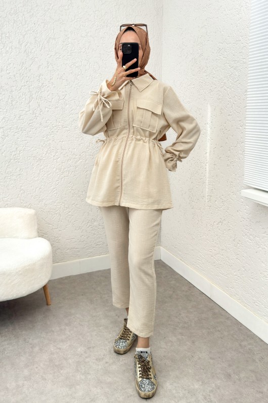 Bel ve Kol Büzgülü Takım 2223 - TAŞ RENGİ