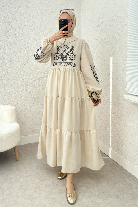 Nakışlı Kat Kat Elbise 2224 - BEJ