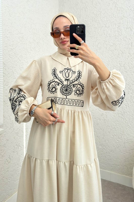 Nakışlı Kat Kat Elbise 2224 - BEJ