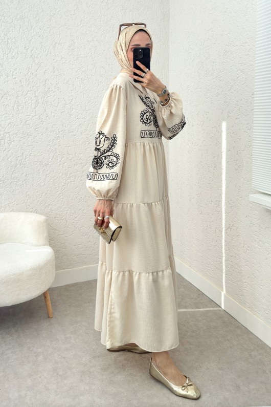 Nakışlı Kat Kat Elbise 2224 - BEJ