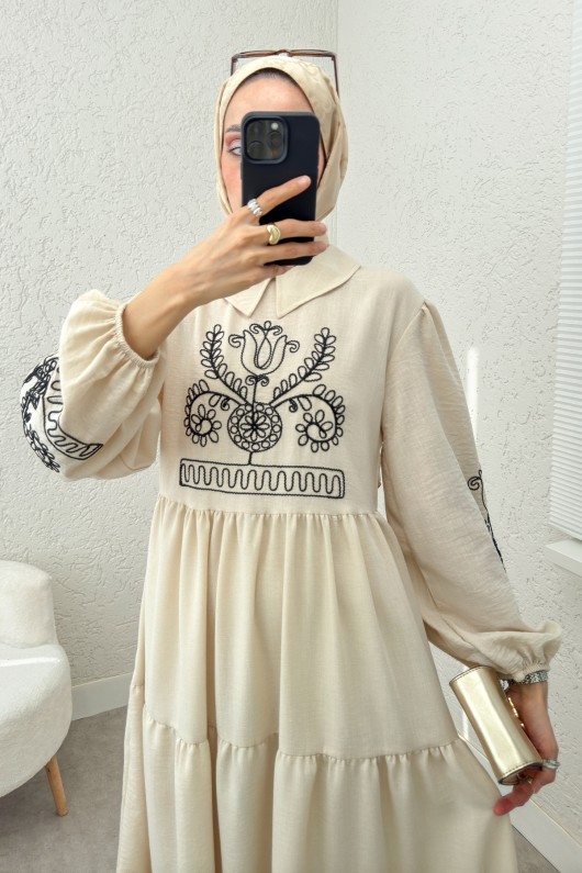 Nakışlı Kat Kat Elbise 2224 - BEJ