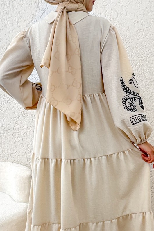 Nakışlı Kat Kat Elbise 2224 - BEJ