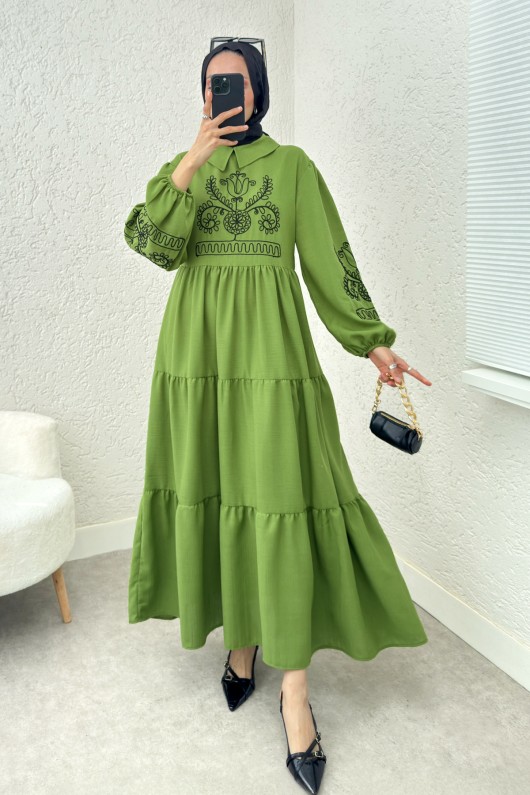 Nakışlı Kat Kat Elbise 2224 - FISTIK YEŞİLİ