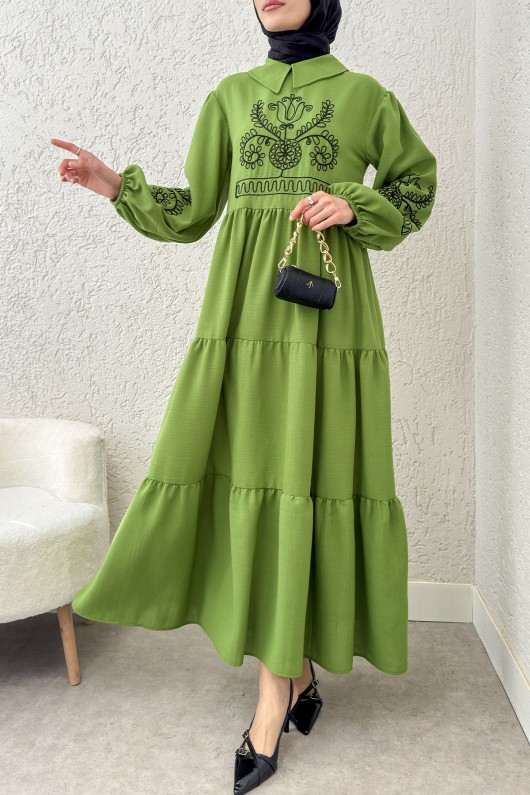 Nakışlı Kat Kat Elbise 2224 - FISTIK YEŞİLİ