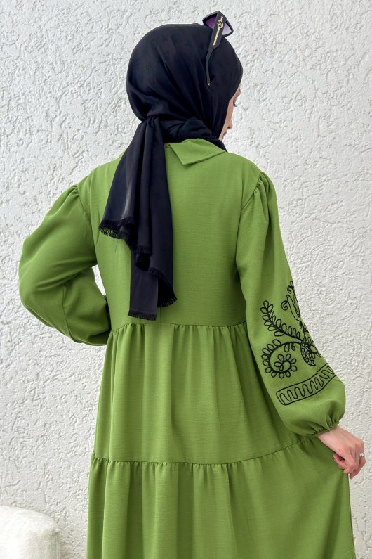 Nakışlı Kat Kat Elbise 2224 - FISTIK YEŞİLİ