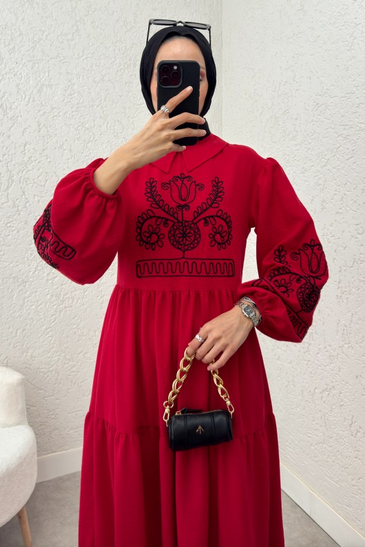 Nakışlı Kat Kat Elbise 2224 - KIRMIZI